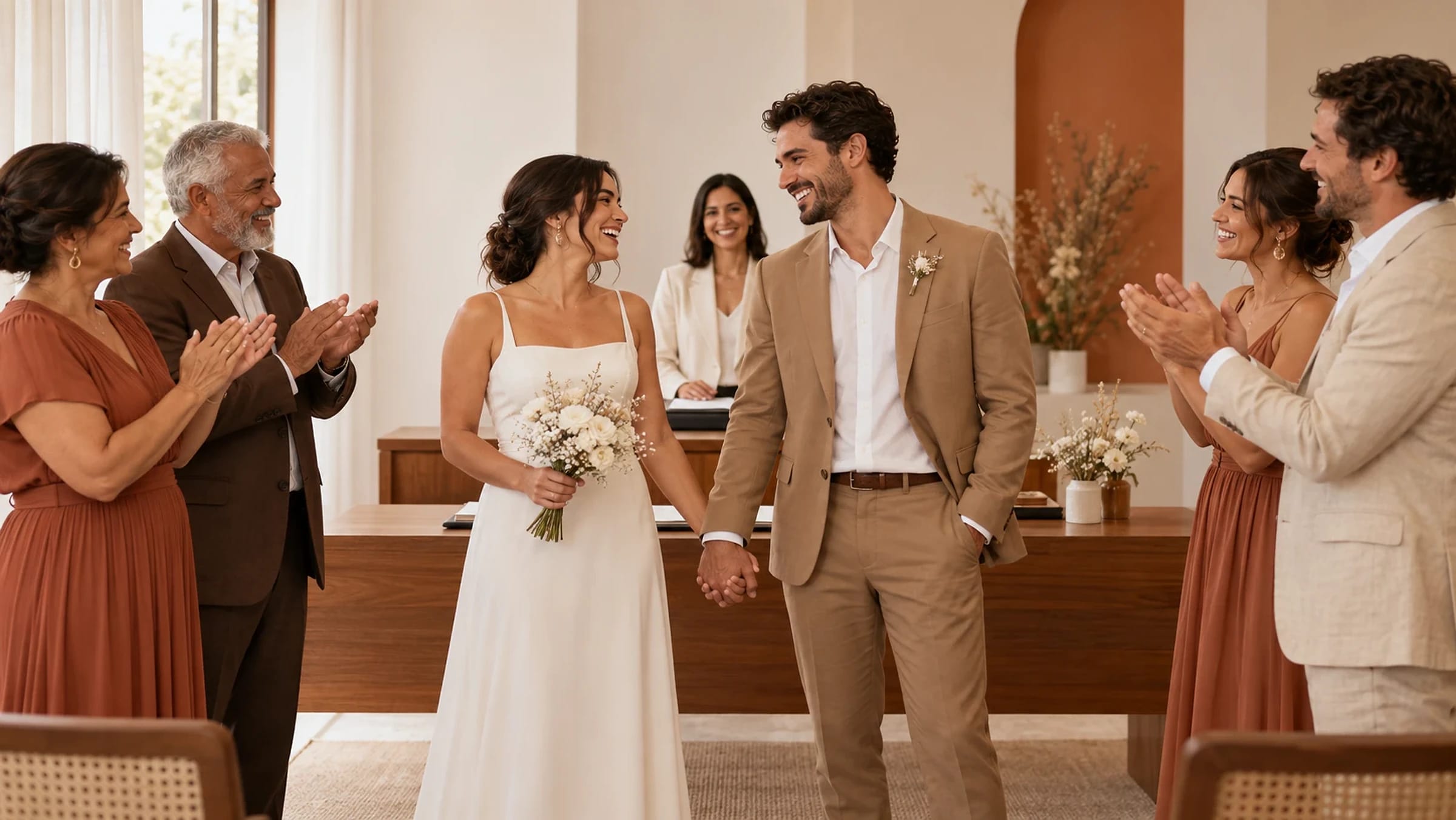 Casal de mãos dadas diante dos familiares que aplaudem a celebração